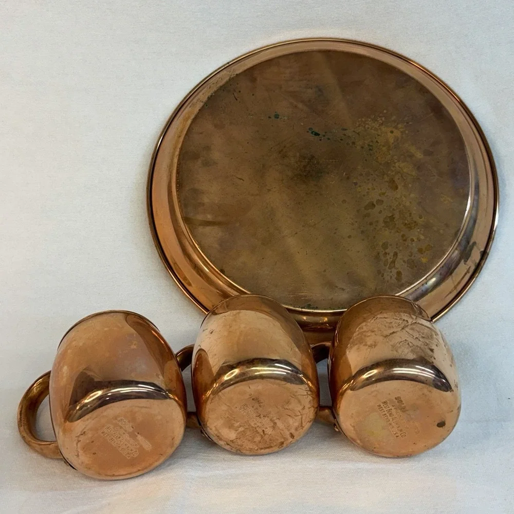 Vintage Princess House Copper & Glass Coffee Tea Carafe Set Matching Mugs & Tray